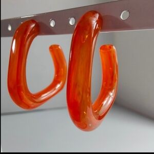 J CREW Orange Acrylic Hoop Earrings Bold Geometric Statement Jewelry